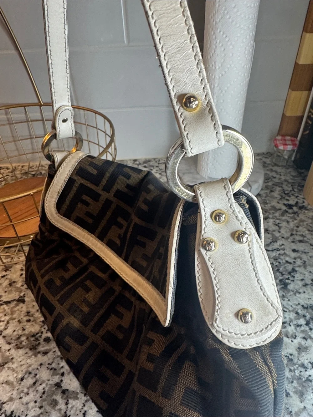 Fendi Zucca Baguette FF Logo Shoulder Bag in Brown and Cream - Picture 6 of 8